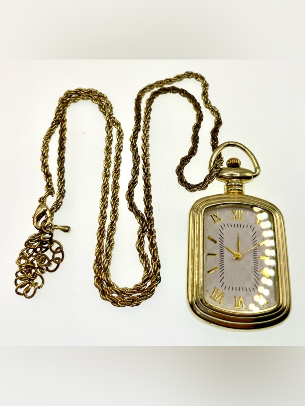 Vintage Pendant Watch Necklace Quartz Roman Numerals Gold Tone Retro 90s